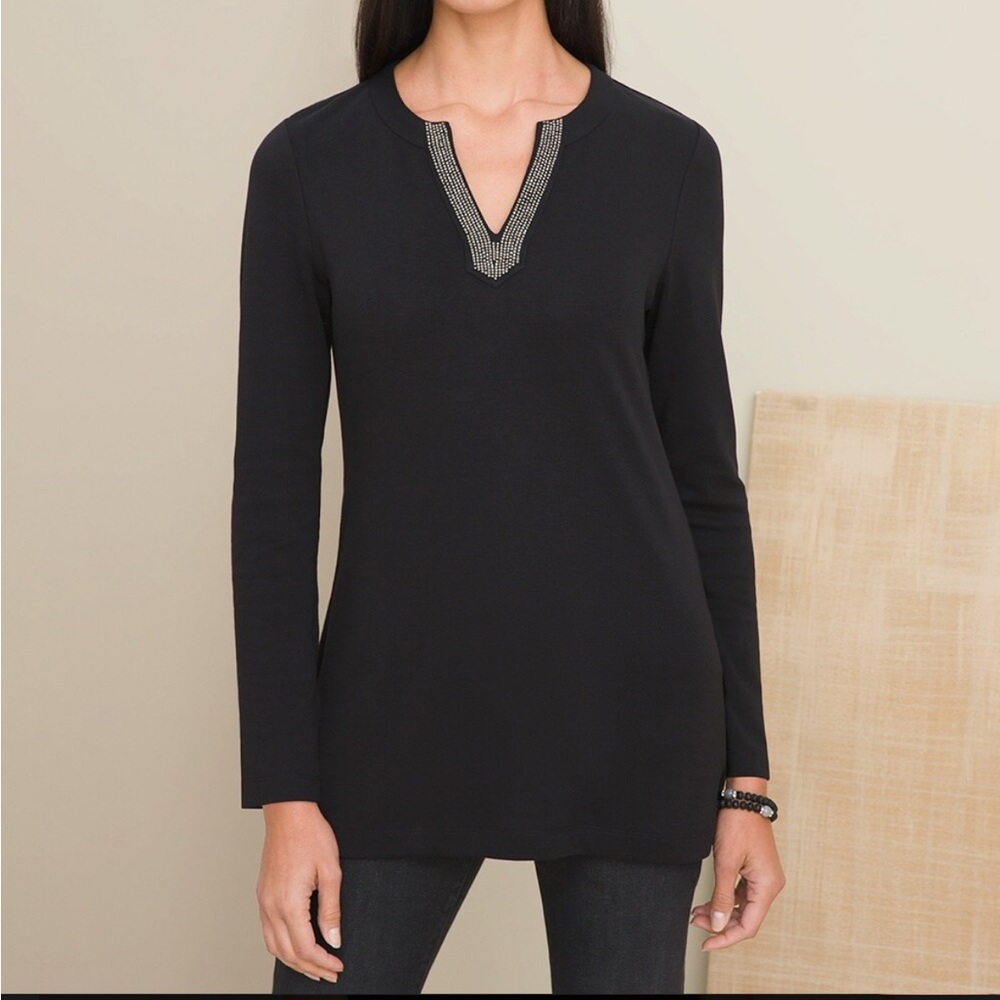 NWT Chico’s Beaded V-Neck Cotton Tunic Black Size‎ 2 Petite